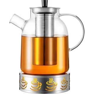 HEMOLY 1,8 Liter -Teekanne aus Glas mit Edelstahl–Borosilikatglas & Stövchen– Tropffrei, Hitzebeständig, Spülmaschinenfest