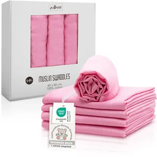 ZOLLNER 5er Set Musselin Spucktücher in 80x80 cm aus Baumwolle - hautfreundliche Mulltücher - besonders weich und extrem saugstark - waschbar bis 60°C - in rosa