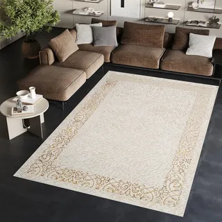 TAPISO Ares Teppich Kurzflor Glänzend Creme Beige Blumen 250 x 350 cm | Bordüre Barock Klassisch 3D Effekt Wohnzimmer Schlafzimmer OEKO-TEX