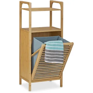 Relaxdays Badregal mit Wäschekorb Bambus HBT 95 x 40 x 30 cm Badschrank mit 2 Ablagen für Badaccessoires als Wäschebehälter mit ausklappbarem Wäschesack Wäschetruhe 25L, natur