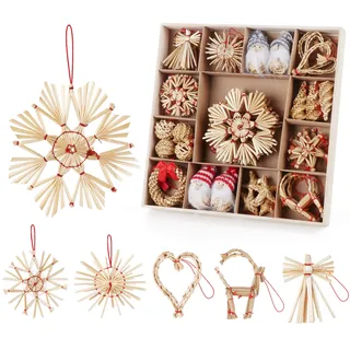 Anstore Strohsterne Set, 41-teiliges Weihnachtsbaumschmuck Stroh mit Holzbox, Strohsterne Baumschmuck Weihnachtsdekoration, 6/11cm Strohsterne Christbaumschmuck Sterne, Glocken, Liebe, Kreis, Figuren