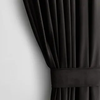 AmeliaHome Set Vorhang H 245 x B 140 cm mit Raffhalter 54 x 10 cm Velvet Optik Schwarz 1 St. Kräuselband Wellenband Samt Halbverdunkelungsvorhang Fensterdekoration Dekoschal Dekorvorhang