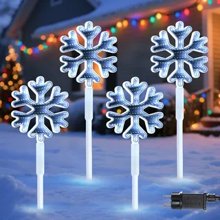 Quntis 4Pack Weihnachtsdeko Außen mit 3D Spiegelschneeflocken IP44 Led Gartenstecker Weihnachtsbeleuchtung 3M+3M Verlängerungsleitung Gartendeko Weihnachten für draußen