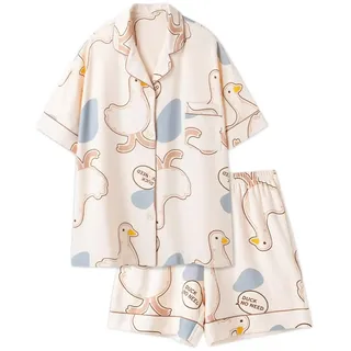 OUBOSI Sommer-Damen-Pyjama Aus Weicher Baumwolle, Kausaler Pyjama, Niedliche Enten-Nachtwäsche, Damen-Revers-Pyjama, Strickjacke-Pyjama, Lässiger Pyjama