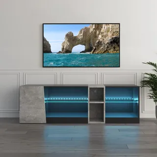 Mondeer TV Schrank mit LED, Lowboard für Fernseher bis zu 60 Zoll, Fernsehtisch mit offenen Fächern und Tür Geeignet, für Wohnzimmer Schlafzimmer, B140 x H45 x T37,5 cm, Schwarz und Grau