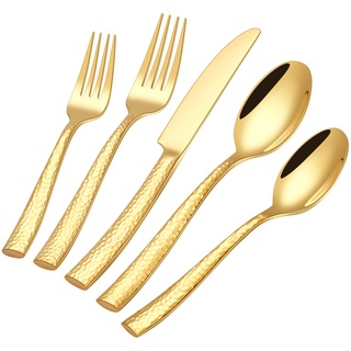 HONKKU 30 Teiliges Besteck Set 6 Personen Gold, Verdickter Edelstahl Besteckset mit Gehämmert Griff, Essbesteck Set mit Messer Gabel Löffel, Spiegel Polierter Spülmaschinenfest