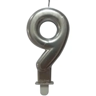 Homéa, Geburtstagskerze, Zahl 9, mit Kunststoffhalterung, Höhe 7,5 cm, silberfarben