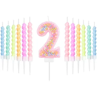 mciskin Macaron zum 2. Geburtstag Kerzen Set,zum 2nd Geburtstag Dekoration für Mädchen,rosa Zahl 2 Kerzen und 12 spiralen Party Kerzen für Kuchen,Regenbogen Kuchenaufsatz für Macaron Party Dekoration