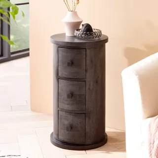 FineBuy Design Sideboard 65 cm Mango Massivholz Schwarz Schränkchen mit Schubladen Schmaler Beistellschrank Massiv Mini Kommode Rund - Schwarz