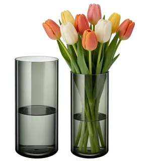 Koelaa 2 Teiliges Set Transparent Graue Acryl-Blumenvasen, Bruchsichere Zylindervasen aus Kunststoff, Modernes Vasen-Set für Blumenarrangements, Tischdeko, Hochzeit & Deko (10x20 und 12x25cm)