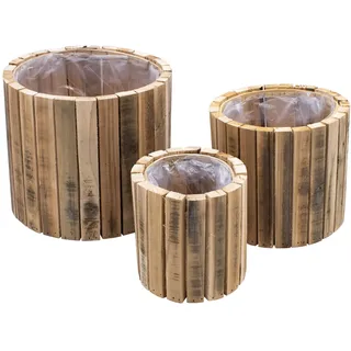 Holz Pflanz Topf 3er Set - 23 / 20 / 14 cm - Garten Deko Blumen Kasten Übertopf