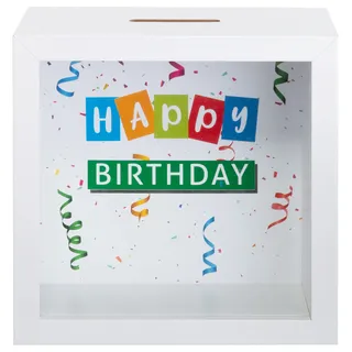 Brandsseller Spardose Bilderrahmen aus Holz mit Glas 14,5x14,5x6,5 cm – Sparrahmen mit Sichtfenster & Einwurfschlitz – Deko-Spardose für Geldgeschenke & besondere Sparziele - Happy Birthday