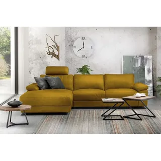 KAWOLA Sofa LOLA Ecksofa XL Stoff curry mit motorischer Relaxfunktion Recamiere links