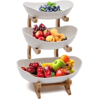 Dreamhigh Dreamhigh® Keramik Obst Etagere mit 3 Etagen, Platzsparendes Obstkorb Etagere für die Familie, Stabil Und Ohne zu Zittern, Obstschale Modern mit Natürlichem Bambus Steher, für Gemüse, Obst, Snacks