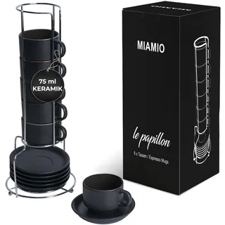 MIAMIO - 6 x 75 ml Espressotassen Set/Espresso Tassen Set mit Untertasse & Ständer - Kaffeetassen Set 6er Kaffeebecher Keramik - Le Papillon Kollektion (Schwarz)