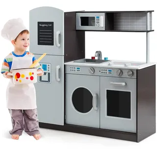 FANTASK Kinderküche aus Holz, Spielküche mit Spüle und Wasserhahn, Herd mit Klickgeräuschen, Backofen & Mikrowelle, Spielzeugküche mit Tafel für Kinder ab 3 Jahren