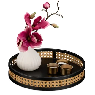 Relaxdays Dekotablett, Rattan-Optik, HxD 5,5 x 30 cm, runde Ablage für Kerzen, Schmuck, Tablett mit Rand, schwarz/natur