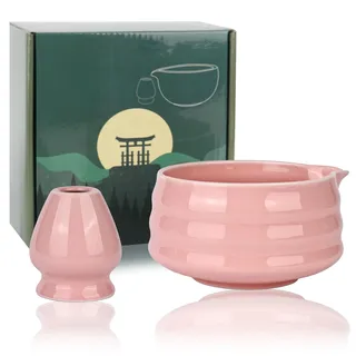 Trendecor 2 Teilige Matcha Set Matcha Schale Rosa Farbe Traditionelles Japanisches Teeset Matcha Keramikschale Matcha Zeremonie Keramik Matcha Schale für Teestube Büro