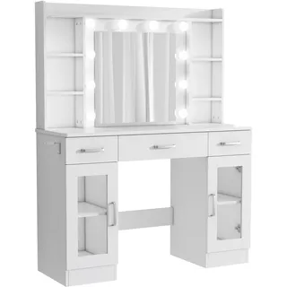 ZELURXX Weißer Schminktisch 110×40×145 cm mit LED-Spiegel 10 Lichter USB-Strom inkl. Hocker & Föhnhalter Metallauszug - Weiß