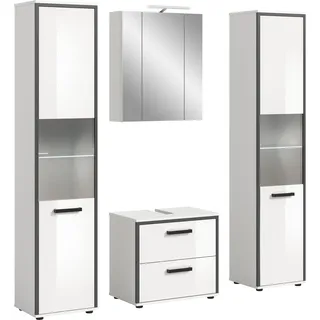 xonox.home - 4tlg. Kombination Kojak Badezimmerkombination in Front weiß Hochglanz Tiefzieh Korpus weiß Melamin - Badmöbelset - modern und funktional inkl. Beleuchtung