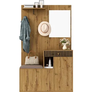MDF Kompaktgarderobe Flurschrank mit Spiegel und gepolstertem Sitzkissen, modernes Garderoben-Set mit Schuhschrank, Haken und Regal, stilvolle Sitzgru