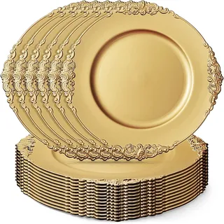 LATERN 12 Stück Wiederverwendbar Verwendbare Goldene Platzteller mit Geprägtem Rand, 33CM Kunststoff Platzteller Große Runde Servierteller für Weihnachten Halloween Hochzeit Party Tisch Dekoration