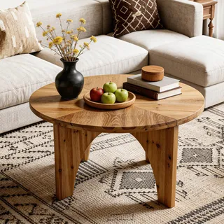 Couchtisch aus Massivholz, 80 cm Durchmesser, Landhaus-Mitteltisch mit geschwungenen Beinen, runder Cocktail- oder Teetisch für Wohnzimmer, Naturholz - Braun