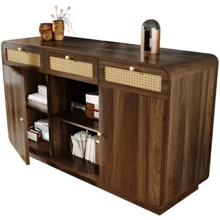Okwish Sideboard 120/40/85 cm Nussbaum aus MDF mit Rattanfronten und 3 Schubladen , Walnussfarben , Holzwerkstoff , 120x85x40 cm , Kleinmöbel, Kommoden, Sideboards
