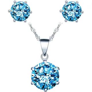 Yumilok Damen Halskette Ohrringe Schmuck Set Damen Schmuckset Halskette mit Ohrringen Basic mit Zirkonia blau in 925 Sterling Silber
