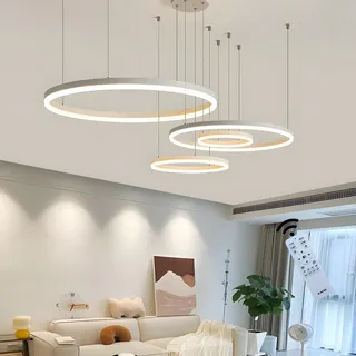 WayLuoung Metall LED Kronleuchter | 4 Kreise 20+40+60+80cm | 100W Rings Deckenhängelampe, Dimmbare Fernbedienung 3000–6000K, Acryl Schirm Pendelleuchte, Wohnzimmer Schlafzimmer Foyer Esszimmer【Weiß】