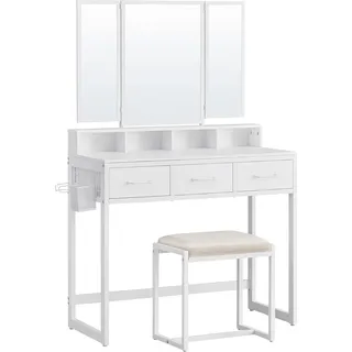 VASAGLE Schminktisch mit gepolstertem Hocker, Schminktisch mit Dreifach-Spiegel, 3 Schubladen, Haartrocknerhalter, Kosmetiktisch, Modern Style, Weiß - Weiß