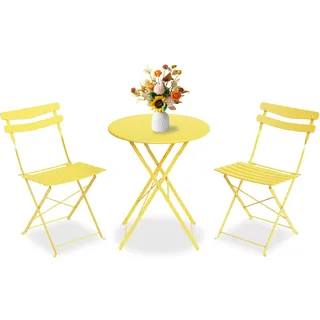 Bistroset 3-Teilig Mit Bistrotisch&2 Klappbaren Stühlen, Gartenmöbel Set | Outdoor Bistro Set, Gartentisch/Balkonset Aus Klapptisch&2x Klappstühlen, Gartenset/Sitzgruppe Metall Für Balkon, Garten-Gelb