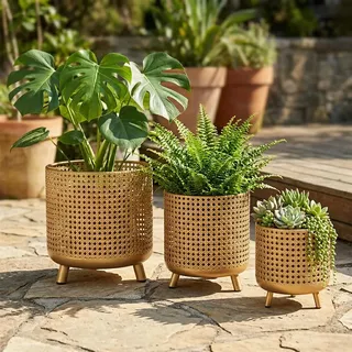 JHY DESIGN Set mit 3 Blumentöpfen, Metalldekoration, Blumentöpfe mit Hohlem Design, Große Pflanzgefäße für drinnen und draußen, Garten, Zuhause, Balkon, Geländer, Zaunpflanzen(Gold)