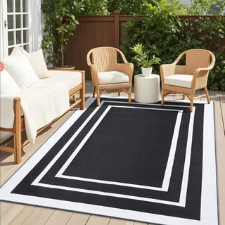 Homaxy Outdoor Teppich Wetterfest, Kunststoff Stroh UV-beständig Wendbar Faltbar Waschbar Balkon Garten Teppich für Terrasse Camping Picknick - 120 x 180 cm, Schwarz & Weiß