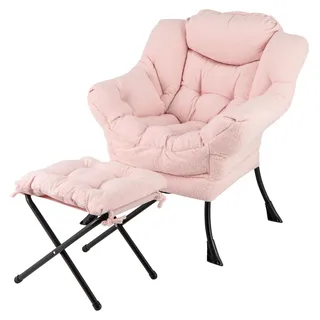 COSTWAY Sessel mit Hocker, Relaxsessel mit Armlehnen, Seitentasche & Fußstütze, Loungesessel, Fernsehsessel, gepolsterter Ohrensessel, Plüsch Rosa - Rosa