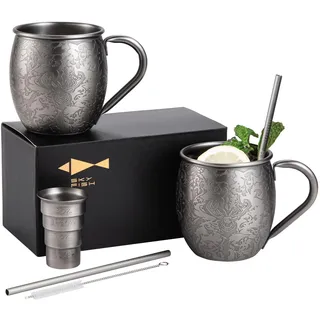 SKY FISH Moscow Mule Becher 2er Set, 3D Geprägte Cocktailgläser, 500 ml Edelstahl Weingläser, Handwäsche (Space Grau)
