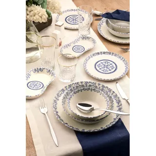 27-Piece Dinner Set, 100% Porcelain, Blue & White | Includes Service Plates, Bowls, Dessert Plates | Dishwasher & Microwave Safe | Elegant Dining Experience