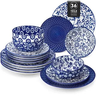 vancasso SELENE Tafelservice für 12 Personen, 36-teiliges Vintage Blaues Porzellan-Geschirr-Set mit Tellern und Schüsseln, Küchengeschirr-Set, mikrowellengeeignet und spülmaschinenfest