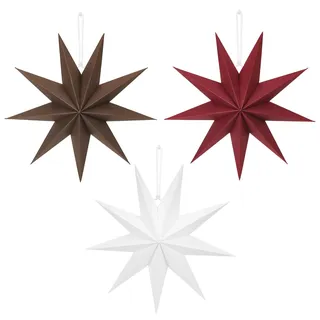 3 Stück Faltstern Weihnachten, 30cm Braun Papiersterne zum Aufhängen, 9 zackig Rot Papier Faltsterne, Weiß Papiersterne Tischdeko für Weihnachts Advent Hochzeit Geburtstag Fenster Neujahrsfest