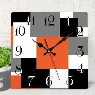 ArtSocket Wanduhr aus Holz, leise, Nicht tickend, abstrakt, Orange, Schwarz, Grau, geometrisch, minimalistisch, kariert, quadratisch, rustikale Wanduhren, Dekoration für Zuhause, Küche, Wohnzimmer,