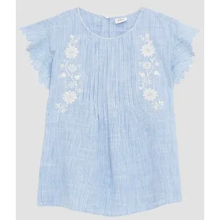 s.Oliver Kurzarmbluse Bluse Blusenshirt aus Baumwolle mit Streifenmuster und Stickereien blau S (134/140)