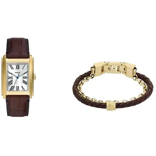 Fossil Herrenuhr Carraway und Lederarmband All Stacked Up- Dreizeigeruhrwerk, goldfarbener Edelstahl