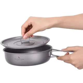 iBasingo 1000ml Titan Bratpfanne Camping Pan mit Klappgriffen & Deckel 19cm Outdoor Leichte Tragbare Grillplatte Wandern Teller Schüssel Küche Geschirr Kochset Kochgeschirr für Fried Ei Steak Ti2065C