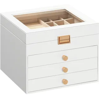 HOOBRO 4-stöckiger Schmuckkästen, Schmuckbox, Schmuckaufbewahrung, Samtfutter und Klappdeckel, 3 Schubladen und transparentes Acrylfenster, für Halsketten, Armbänder, Ringe und Uhren, Weiß EWT27JB04