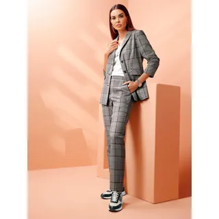 Jackenblazer HEINE "Karo-Blazer", Damen, Gr. 42, grau (champagner, schwarz, kariert), 65% Polyester, 33% Viskose, 2% Elasthan, Blazer Jackenblazer