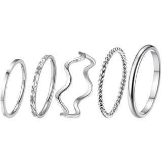 GOLDCHIC JEWELRY Fashion Damenring im 5-Set Edelstahl Ultrafeinier Ring Blumenring Ripple-Ring Drehring Gebogener Ring Ringgröße 48(15.3)-54.5(17.3) in Silber