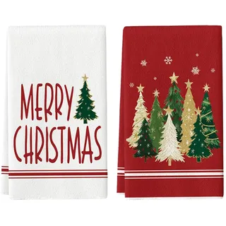 2 Stück Geschirrtücher Weihnachten, Weihnachtsdeko, Bäume Schneeflocken Weihnachten Küchentücher Geschirrtücher, Geschirrtuch Weihnachts Deko, 40x60 cm Winter Christmas Deko Polyester Handtüche