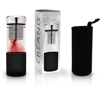 Creano Teebereiter Teamaker - Teeflasche to go aus Glas mit Sieb für losen Tee inkl. Neoprentasche | 400ml (Schwarz)
