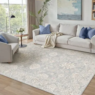 PureCozy Blau Teppich Wohnzimmer 160x230cm Schlafzimmer Teppiche Waschbarer rutschfest Boho Vintage Carpet Wohnzimmerteppich Esszimmer Büroteppich Retro kurzflor Weich Carpets