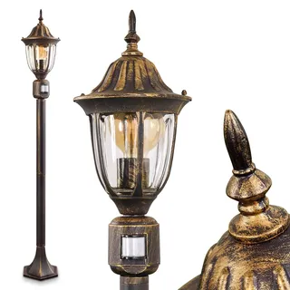 HOFSTEIN Außenstehleuchte Ribadeo mit Bewegungsmelder, Außenwegeleuchte aus Metall/Glas in Schwarz/Braun/Gold/Klar, Wegeleuchte im Antik/Vintage-Design für Garten, Außenbereich, Hof, 110 cm, E27, IP44